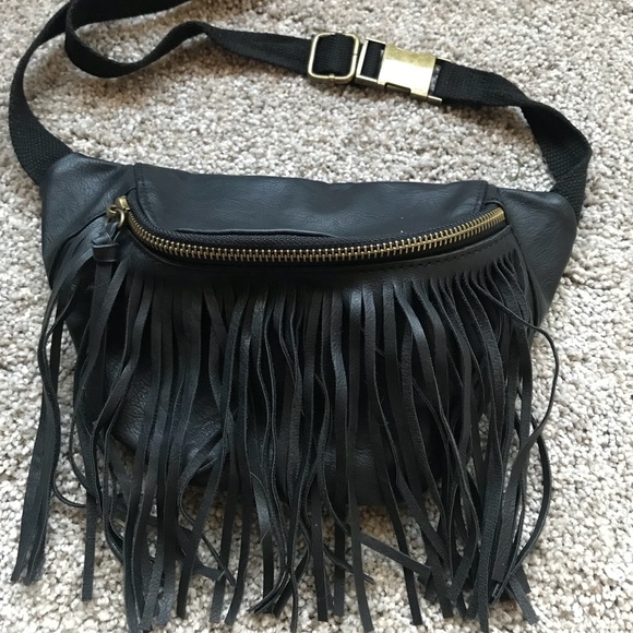 black fringe fanny pack